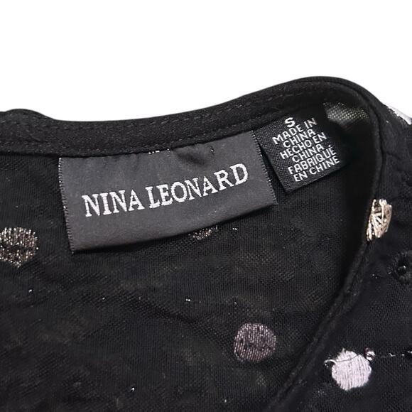 Nina Leonard Sz S Dress Black Crepe Midi Beaded Sheer Short Sleeve Round Neck - Picture 7 of 14